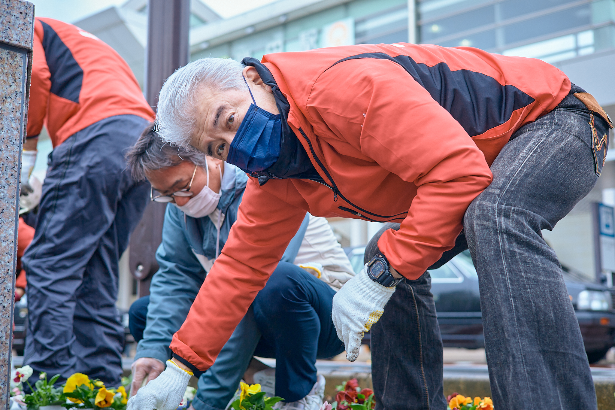 駅前花壇花植え作業 ひたちなかベストライオンズクラブ