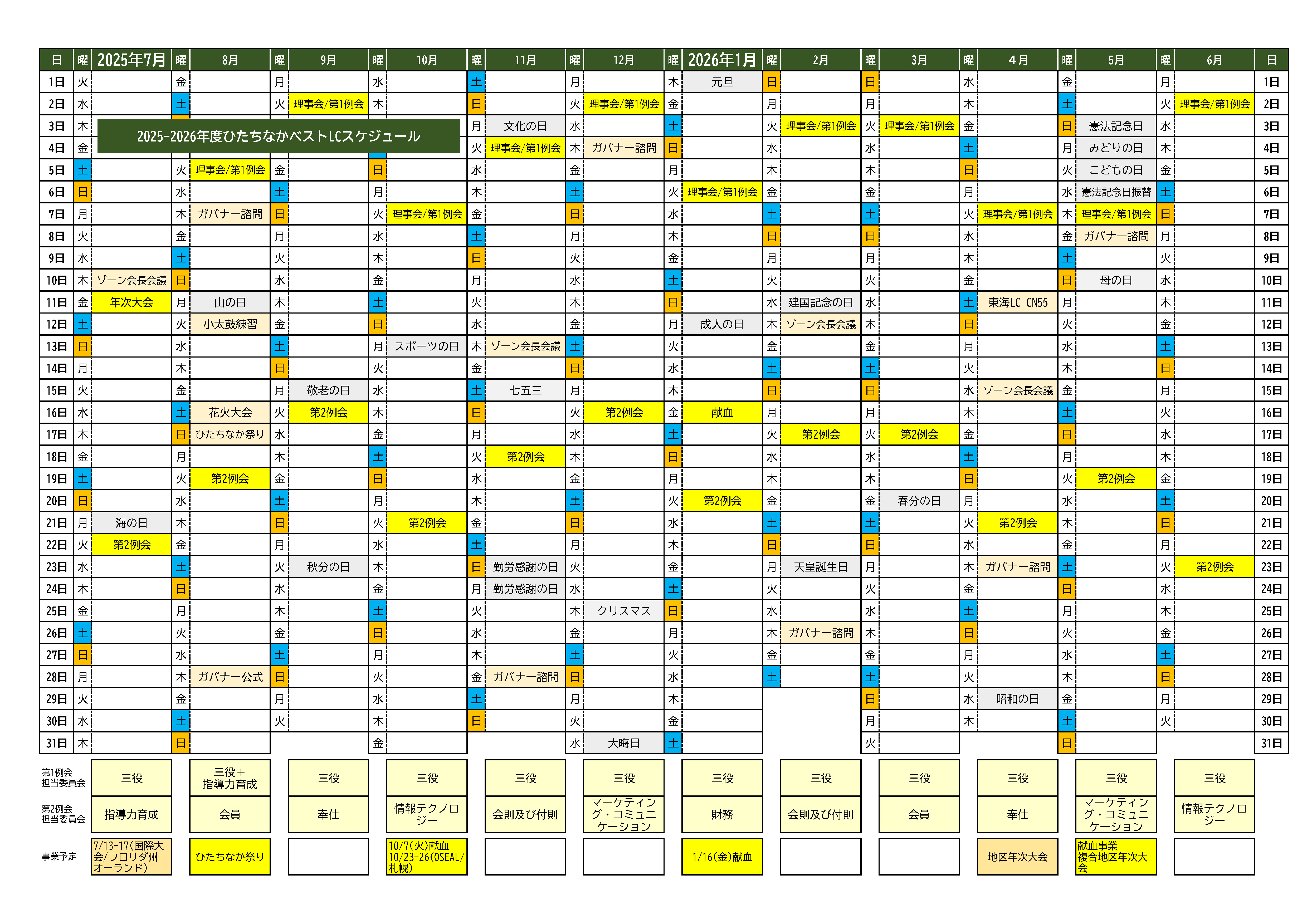 2025年7月-2026年6月スケジュール ひたちなかベストライオンズクラブ